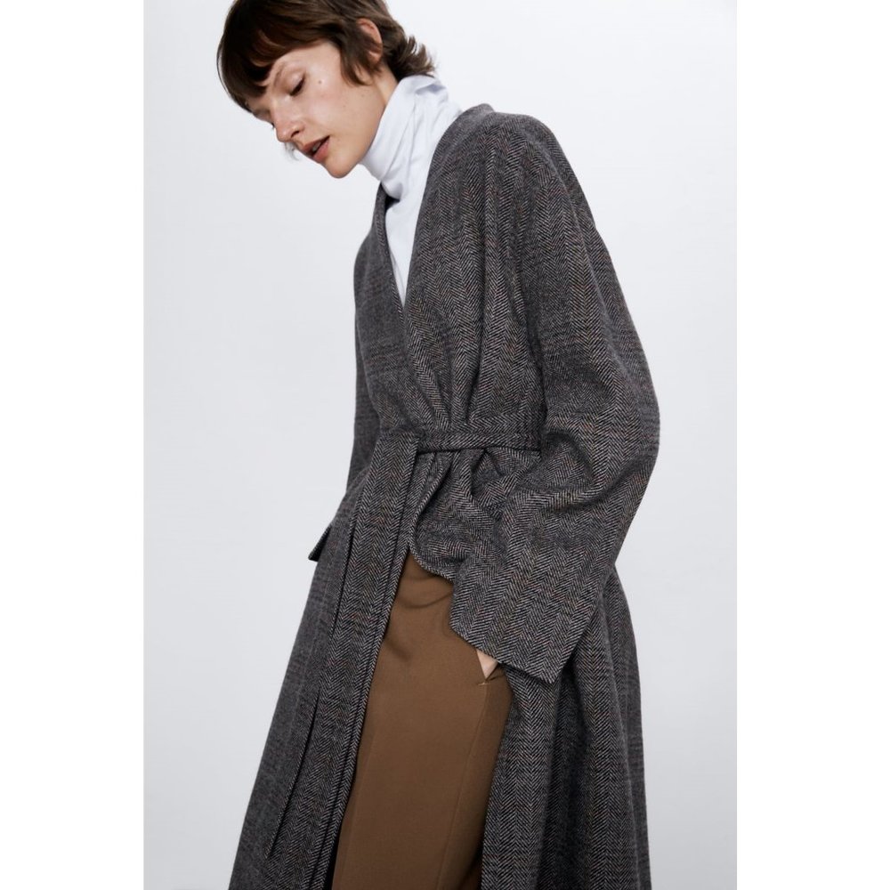 Zara Belted Herringbone Wool Coat - Picture 2 of 7